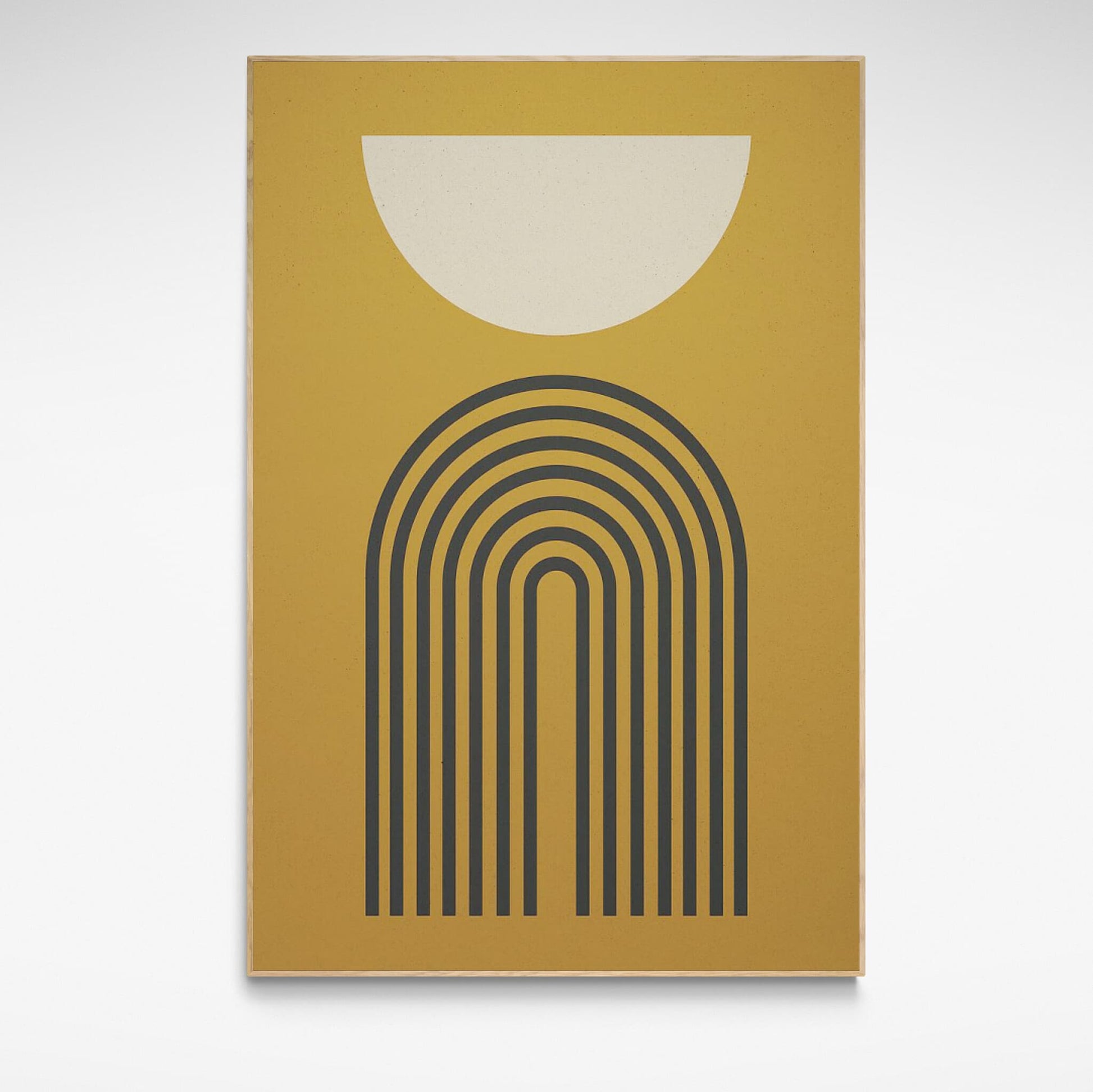 "Moon Over Arch" is a box-framed print in mid-century style in mustard and cream colours
