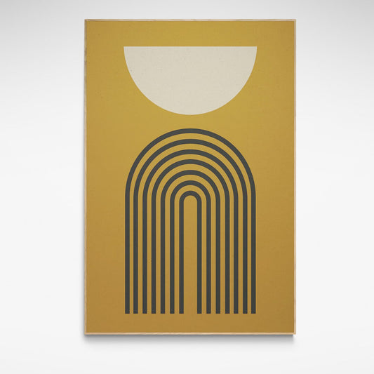 "Moon Over Arch" is a box-framed print in mid-century style in mustard and cream colours