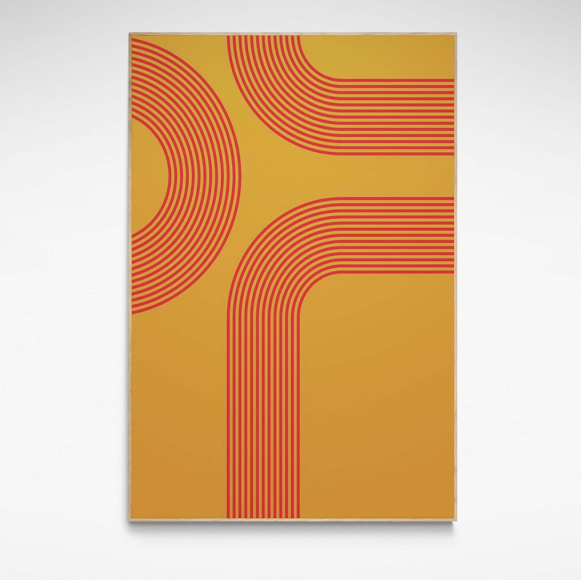 Framed "Orange Stripes" print by Incado in a natural wood frame, featuring bold mid-century inspired horizontal lines and curves.
