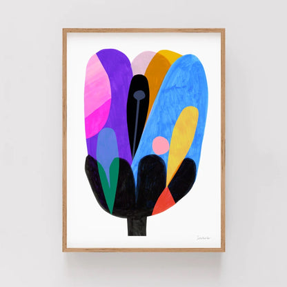 Vivid and colourful abstract azure bloom print, framed.