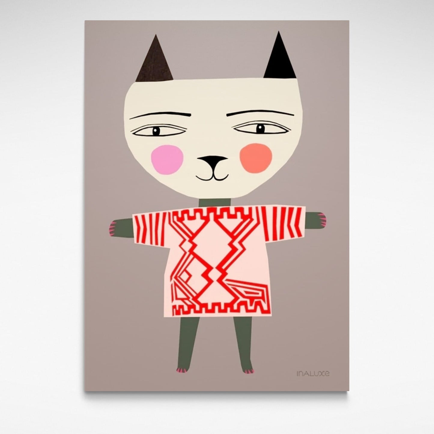 Print of a cat with outstretched arms and pink dress