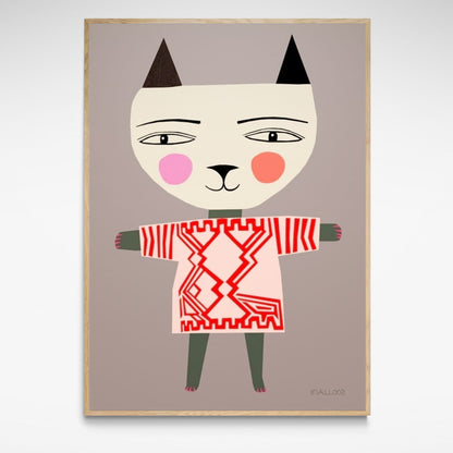 Framed print of a cat with outstretched arms and pink dress