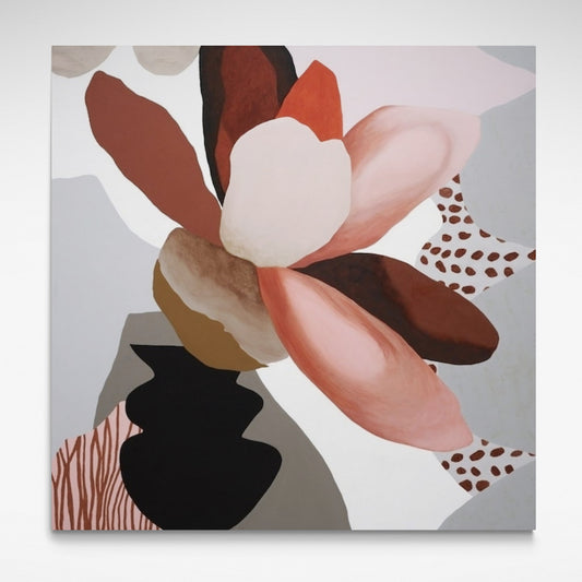 Abstract canvas print of vase and flower in black, grey, brown and white.