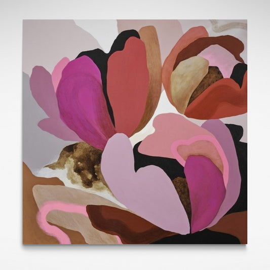 Abstract canvas print of pink, brown, and lilac flowers