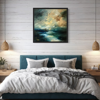 Abstract print of stormy sea with lighthouse in background hanging above bed