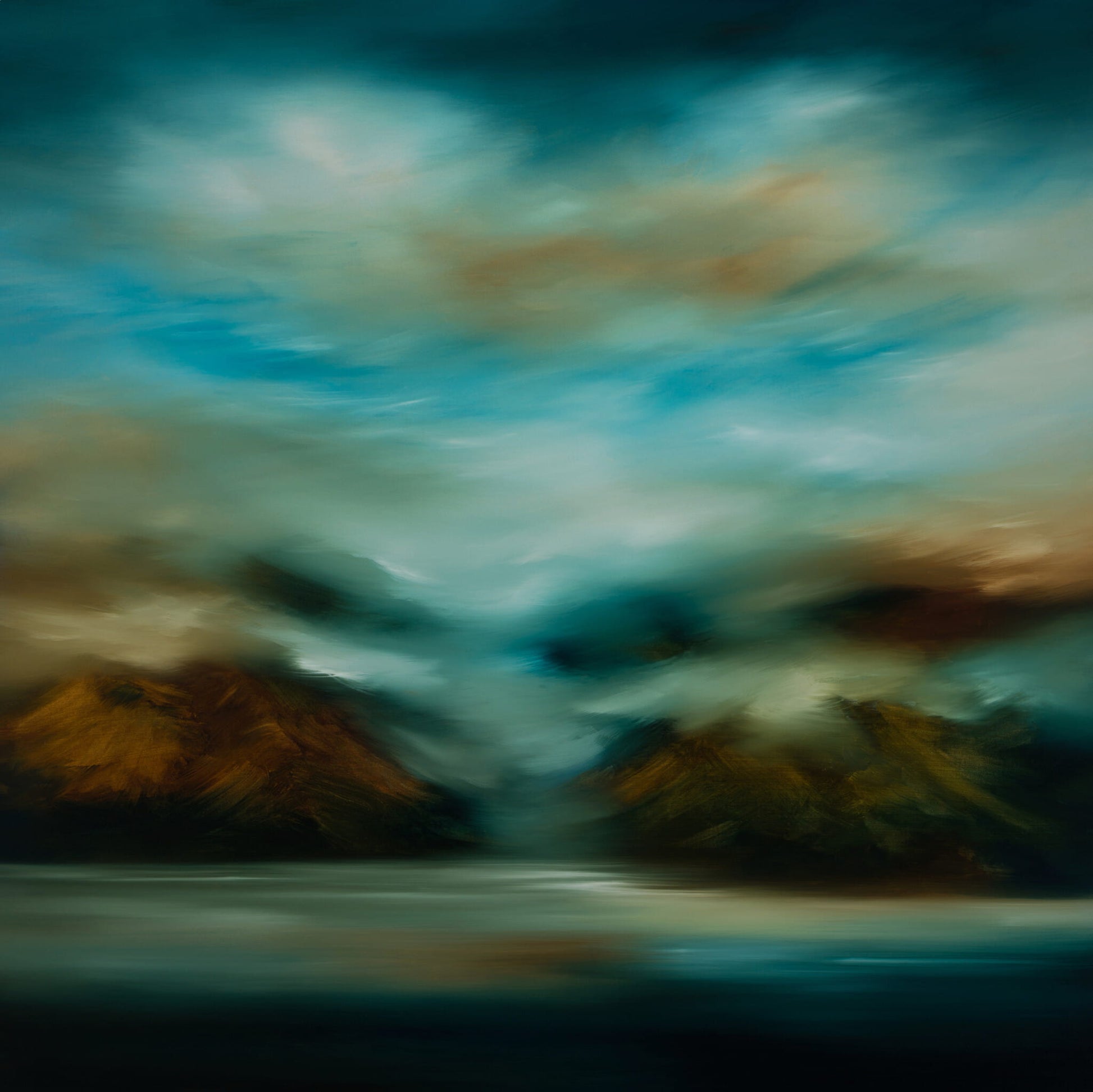 Abstract landscape in blue and tones of brown and gold