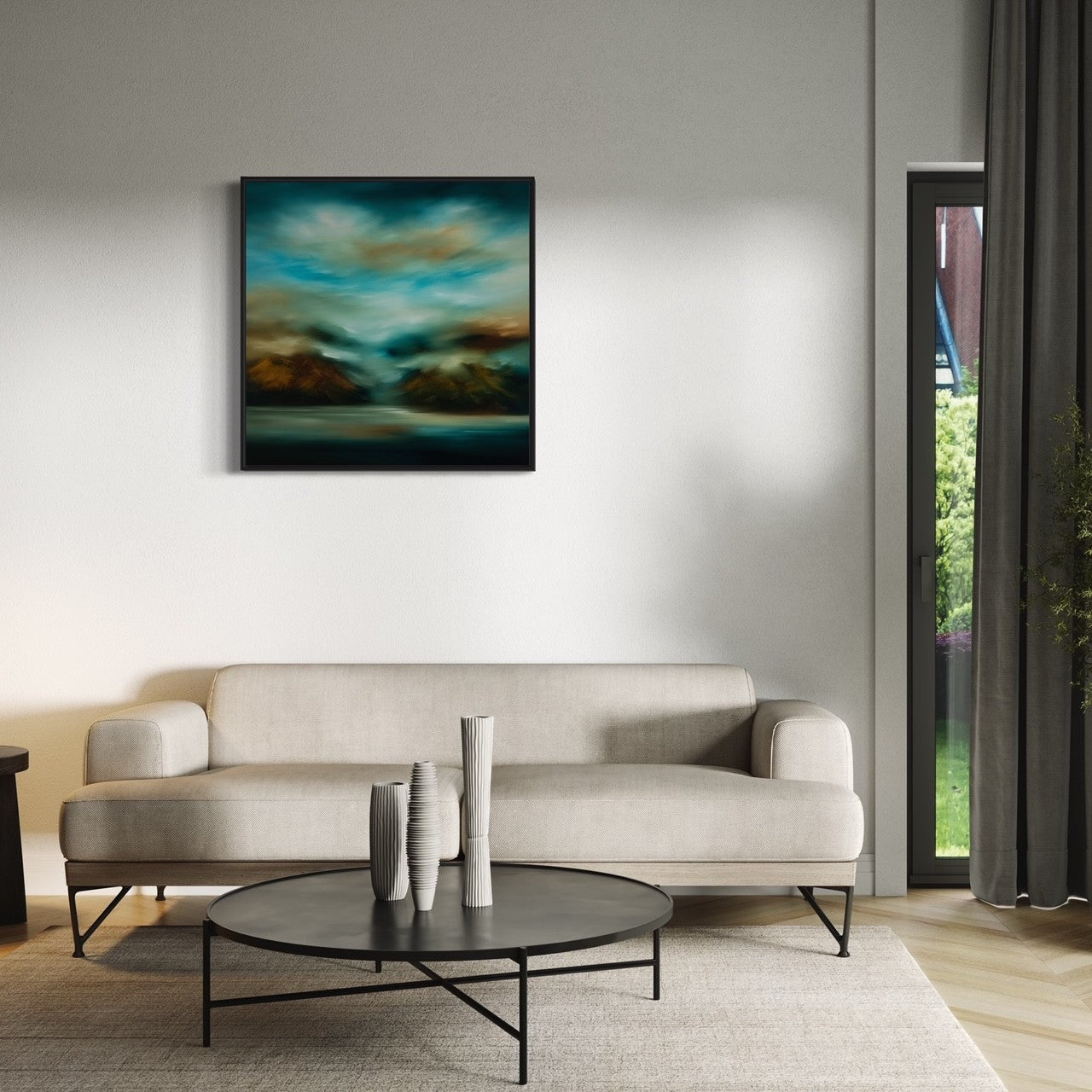 Abstract landscape in blue and hues of brown and gold hanging above sofa