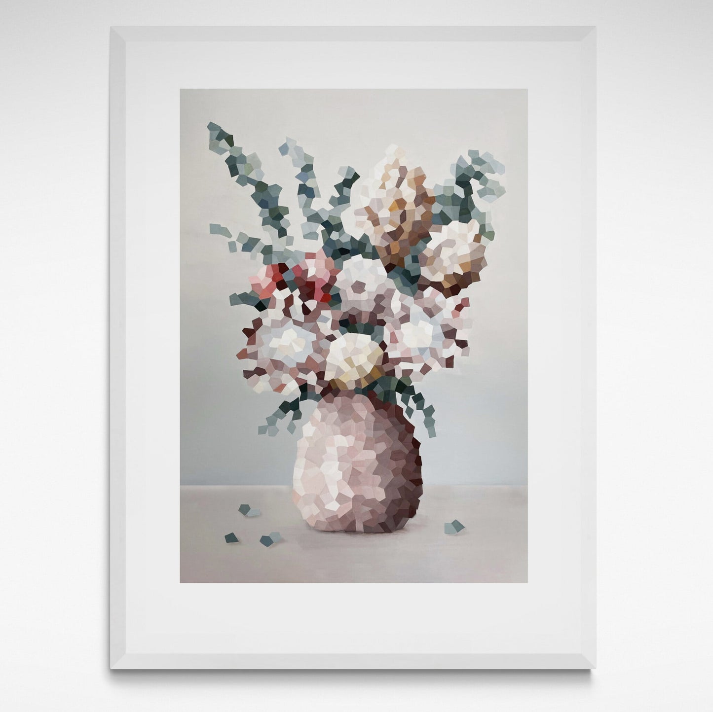 Framed print of a vase of flowers in a fragmented style