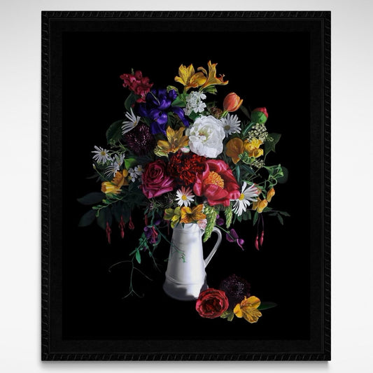 Beautiful framed print of colourful flowers in white vase