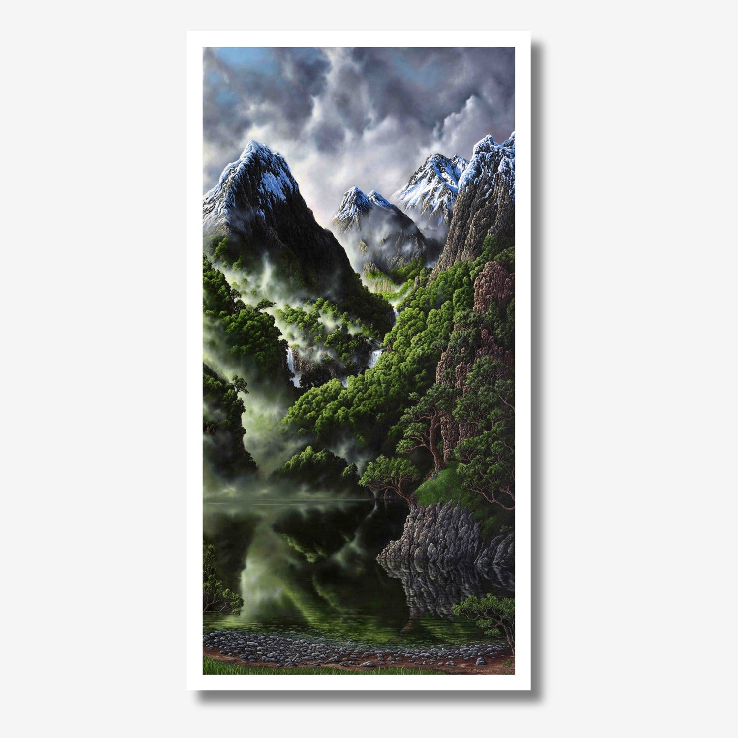 A serene alpine landscape featuring lush green trees, mirrored in a calm mountain pool.