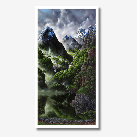 A serene alpine landscape featuring lush green trees, mirrored in a calm mountain pool.