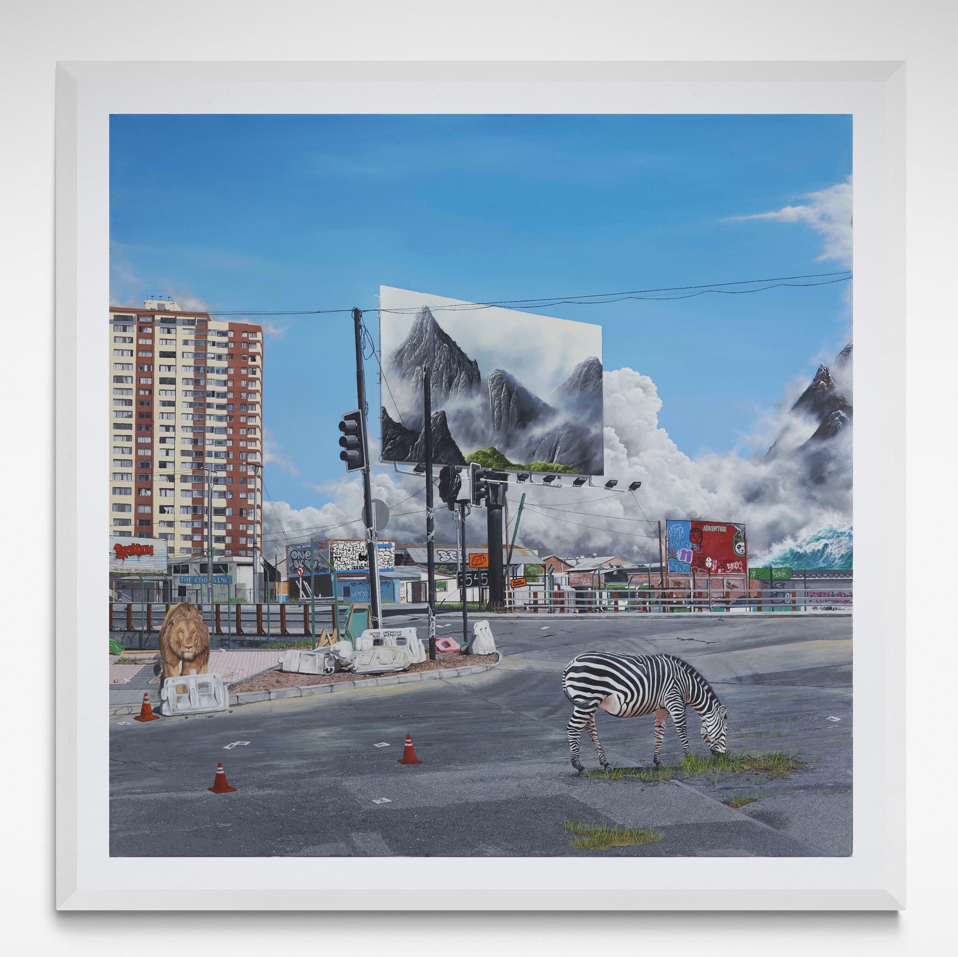 “Reset,” a framed limited edition fine art print by Jeremy McCormick, depicting a surreal dystopian cityscape.