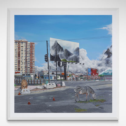 “Reset,” a framed limited edition fine art print by Jeremy McCormick, depicting a surreal dystopian cityscape.