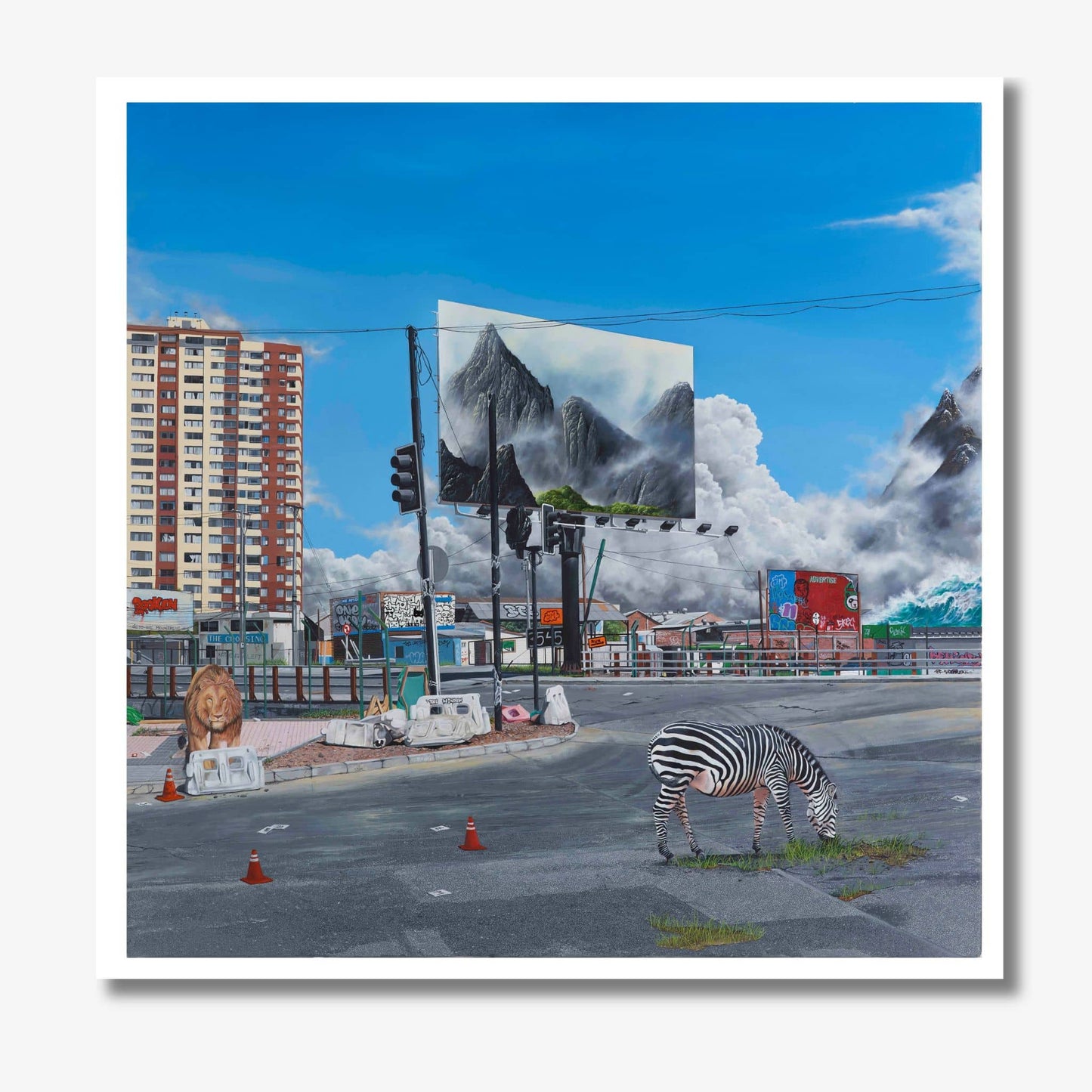 “Reset,” limited edition fine art print by Jeremy McCormick, depicting a surreal dystopian cityscape.