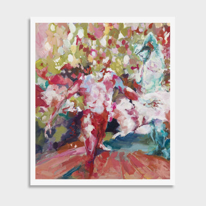 An abstract limited edition print by Justine Turnbull in pink, red, white, green, and blue tones, with a white border on a light gray background.