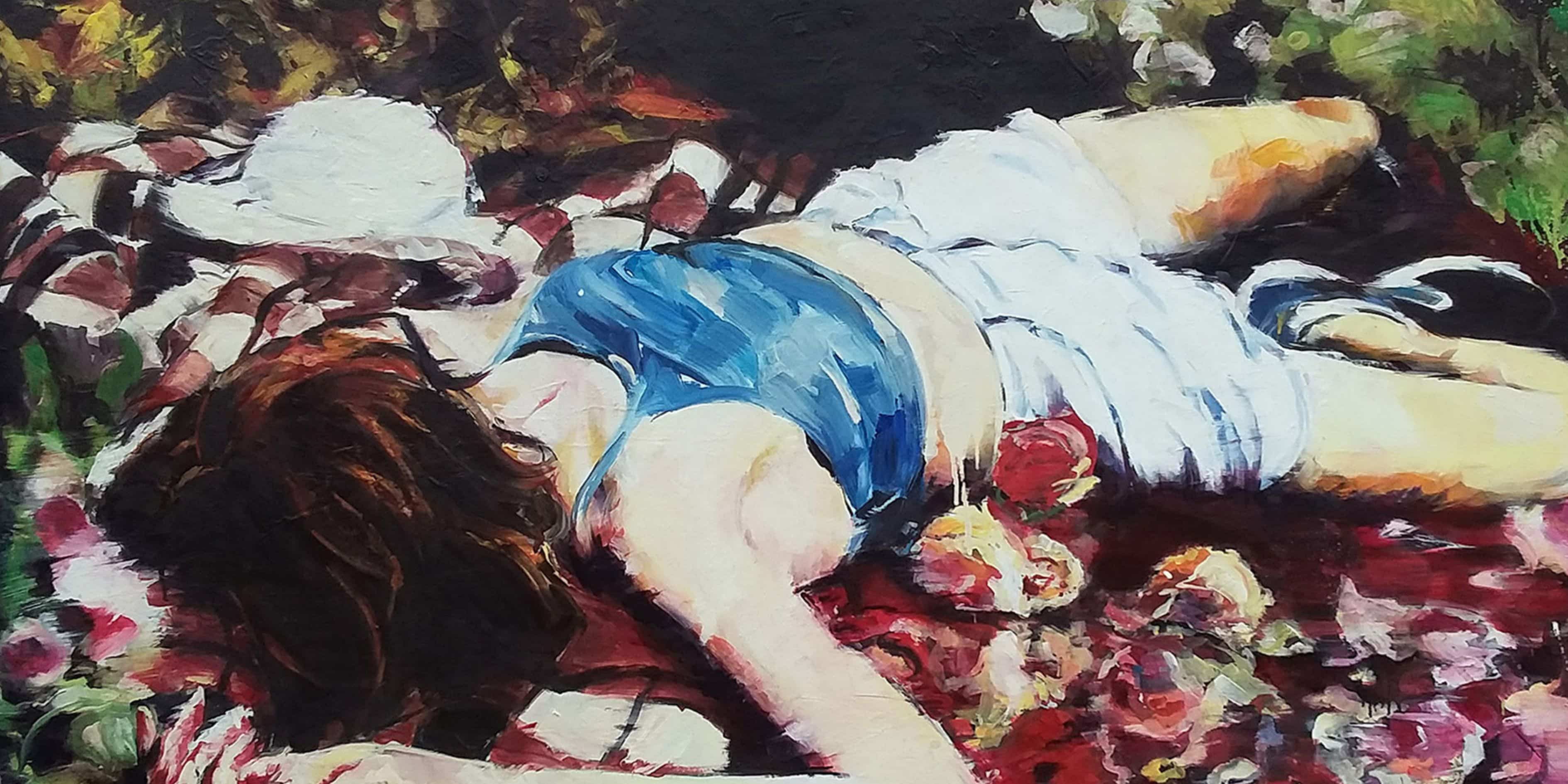 Artistic depiction of a person lying on a floral-patterned surface with a blue top and white pants.