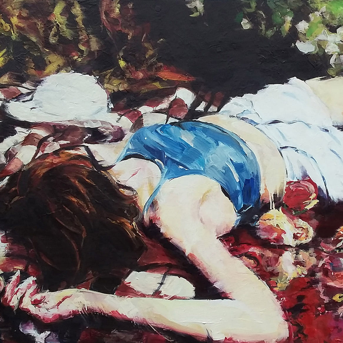 Detail from Ophelia by Justine Turnbull, depicting a woman lying among green foliage and red flowers.