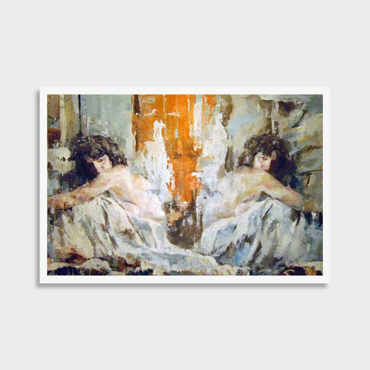 Justine Turnbull’s Same Old limited edition print depicting two reflecting figures surrounded by expressive brushwork in soft blue, white, grey and warm orange tones