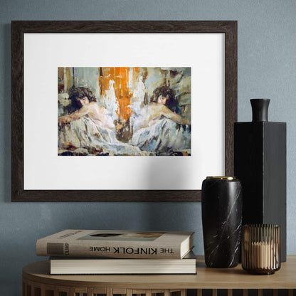 Justine Turnbull’s Same Old limited edition print depicting two reflecting figures surrounded by expressive brushwork in soft blue, white, grey and warm orange tones