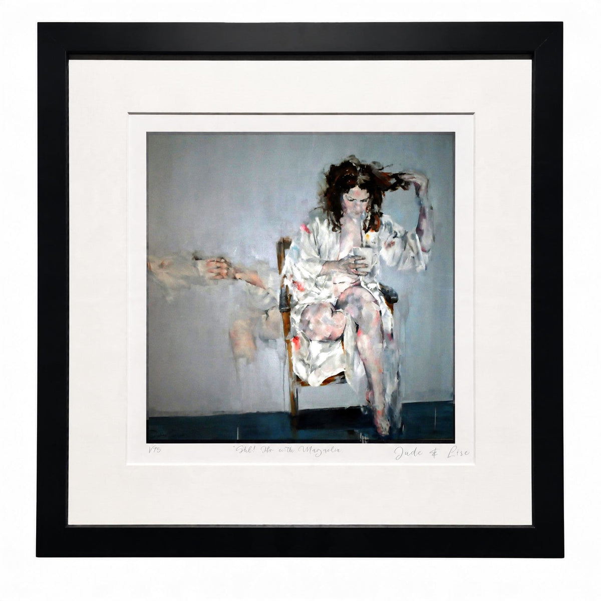 A framed art print, Justine Turnbull's Still Life With Magnolia limited edition print featuring a seated woman holding a coffee cup.