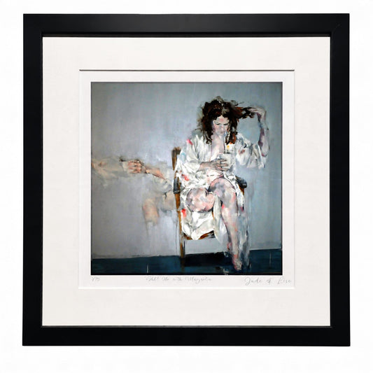 A framed art print, Justine Turnbull's Still Life With Magnolia limited edition print featuring a seated woman holding a coffee cup.