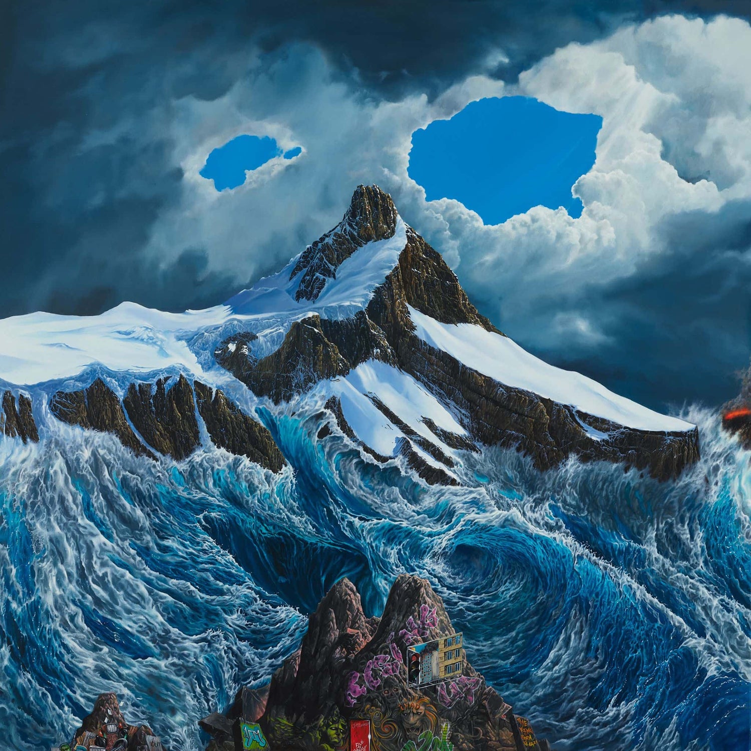 Majestic mountain landscape with snow-capped peaks and turbulent waters.