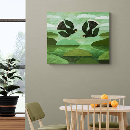 Print of two dancing Hui hanging in dining area