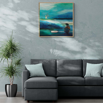 Framed print of a Tui on an oar hanging above couch.