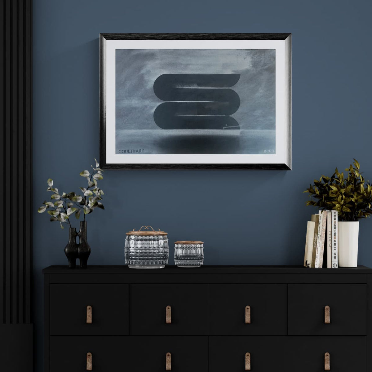 Framed and hanging above a cabinet, Paula Coulthard Grapjite Tuna D>1 limited edition print featuring an abstract long-fin tuna