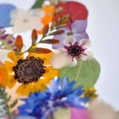 Detail of a colorful print of NZ created from pressed flowers