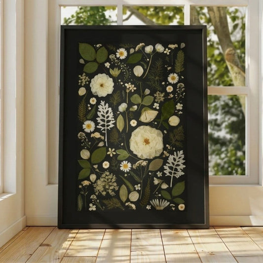 Framed botanical artwork with white flowers and green leaves on a black background, displayed in a room with natural light.