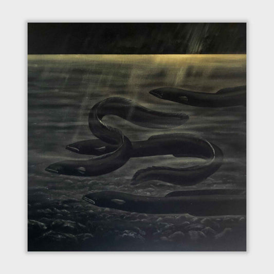 Four Eels by Paula Coulthard, limited edition canvas print featuring four long-fin tuna, swimming underwater in a moody, low-light scene with a glowing horizon, shown against a light gray background.