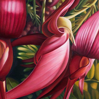 Close-up of vibrant oil painting by Rod Eales, featuring vibrant red flowers with green leaves
