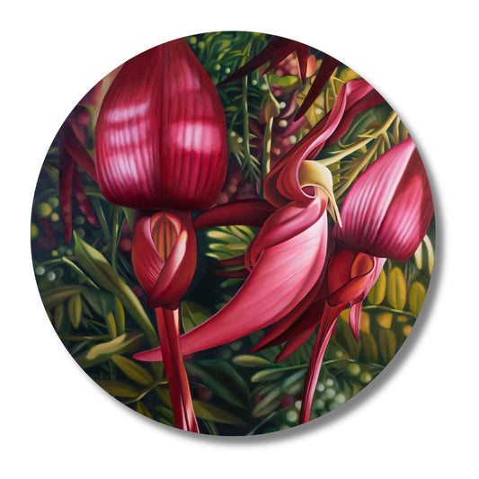 Circular artwork by Rod Eales, is of vibrant red flowers with green leaves on a white background