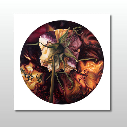 Print of a decaying flower on a scorched orange background