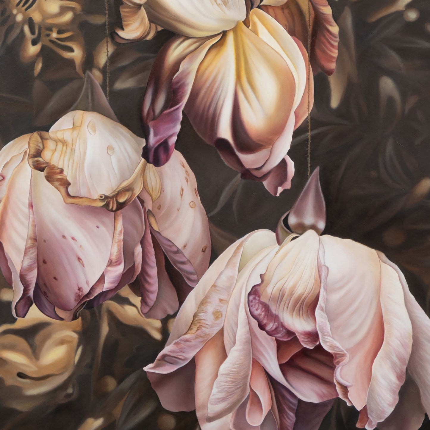 Detail of a print by Rod Eales depicting three decaying pink rose flowers strung up with string
