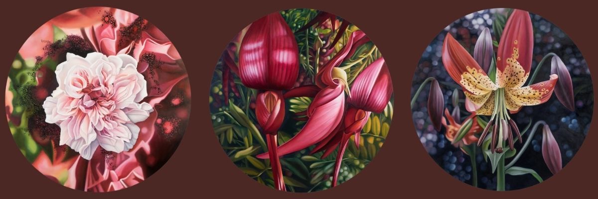 Three circular panels by Rob Eales, each featuring a colourful flower painting on a dark background.