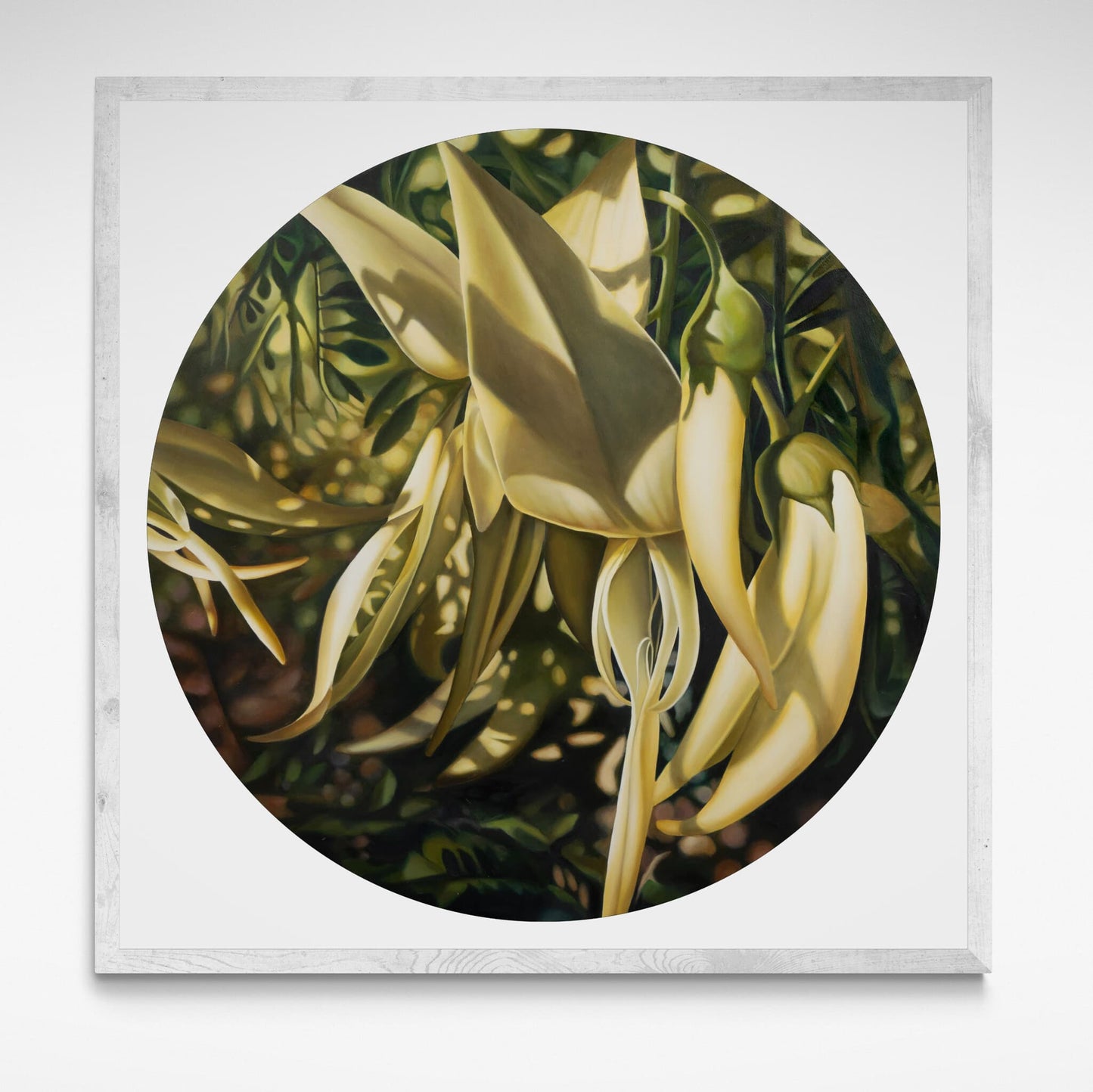 Framed artwork of a close-up of pale green flowers with green leaves on a white background