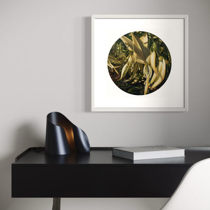Framed circular artwork on a wall above a black desk with a black lamp and white book.
