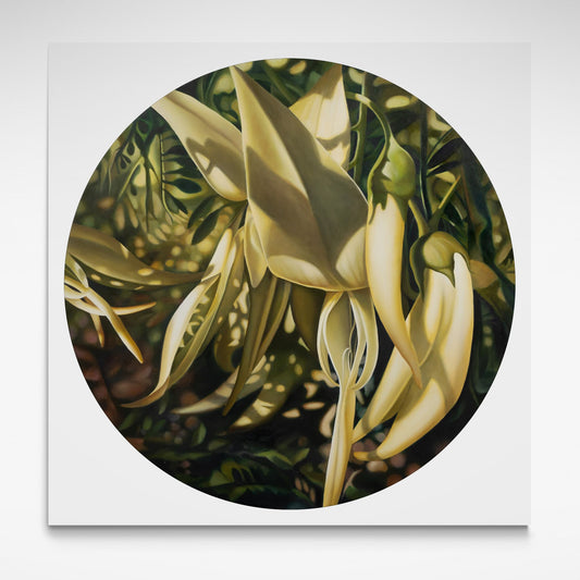 Circular print of pale green flowers with green leaves on a white background