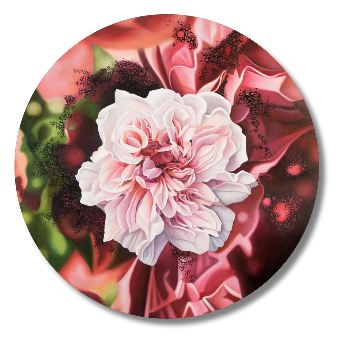 Round oil painting of a pink rose within a rose on a colorful abstract background