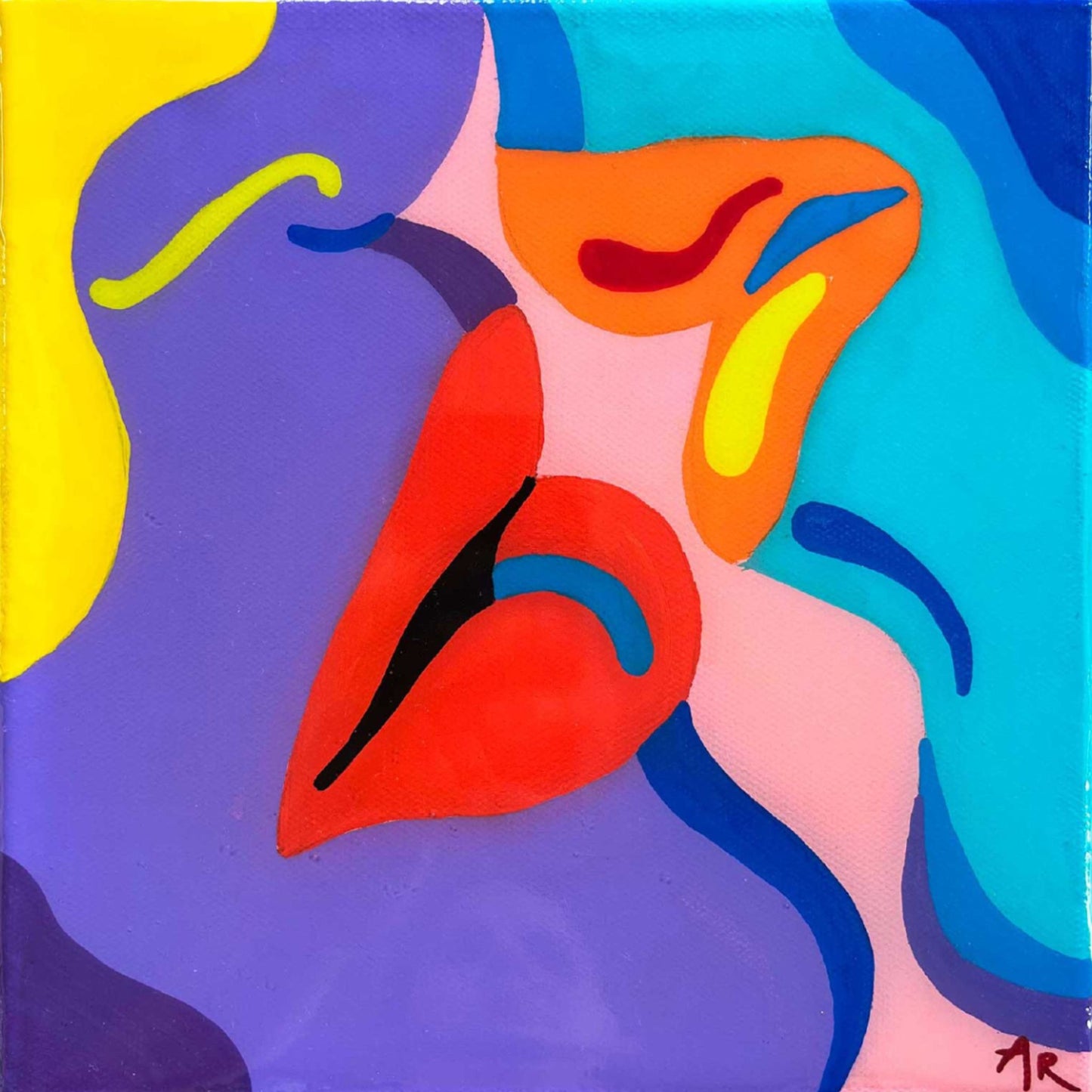 Almost Touching is a colourful and sensual original artwork by Agate Rubene. The timber-framed, resin-coated painting features fluid, abstract forms.