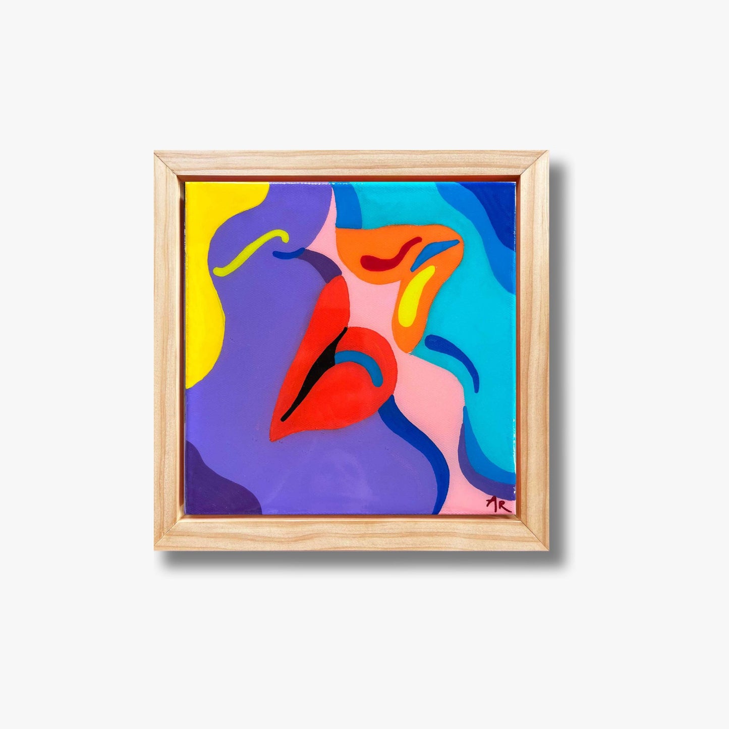 Almost Touching is a colourful and sensual original artwork by Agate Rubene. The timber-framed, resin-coated painting features fluid, abstract forms.