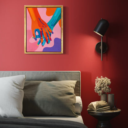 Intertwined, a vibrant and playful painting by Agate Rubene, hanging above a bed. This art bursts with bold, dynamic colours and fluid, interwoven shapes.