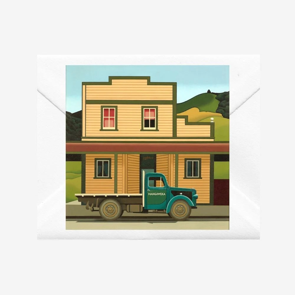 Notecard "Mangaweka" has an Illustration of a vintage truck in front of a two-story building with a blue sky.