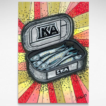 Pop art-inspired illustration by Stephanie Northey titled "Ika," featuring a stylised can of fish and bold colours.