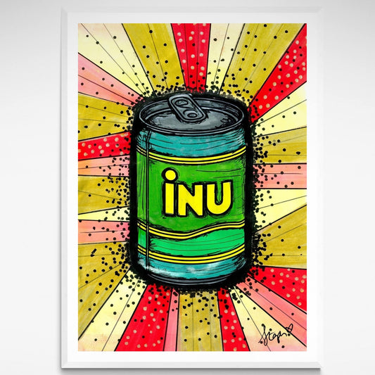 Bold pop art-style print titled "Inu" by Stephanie Northey, featuring vibrant colours.