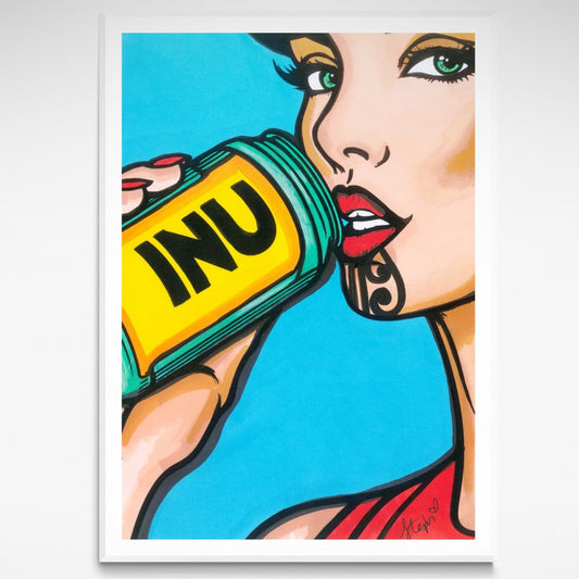 Bold and vibrant print"Inu Wahine" by Stephanie Northey, featuring a bright pop art style with Māori influences.