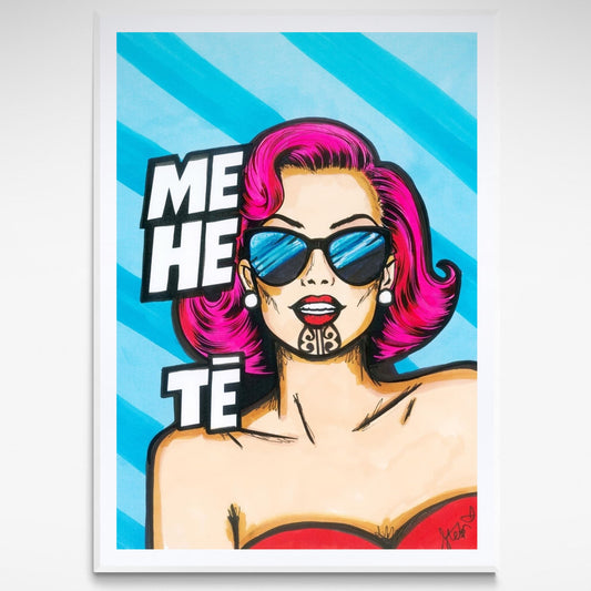 Bold pop art-style artwork "Me he tē" by Stephanie Northey, featuring vibrant colours and celebrating strong, confident Māori wāhine.