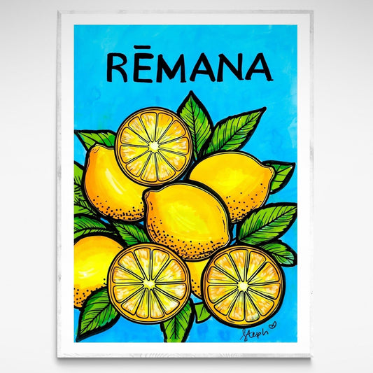 Vintage-style lemon artwork "Rēmana" by Stephanie Northey, inspired by Italian crate art and created with watercolour, marker, and ink on paper.